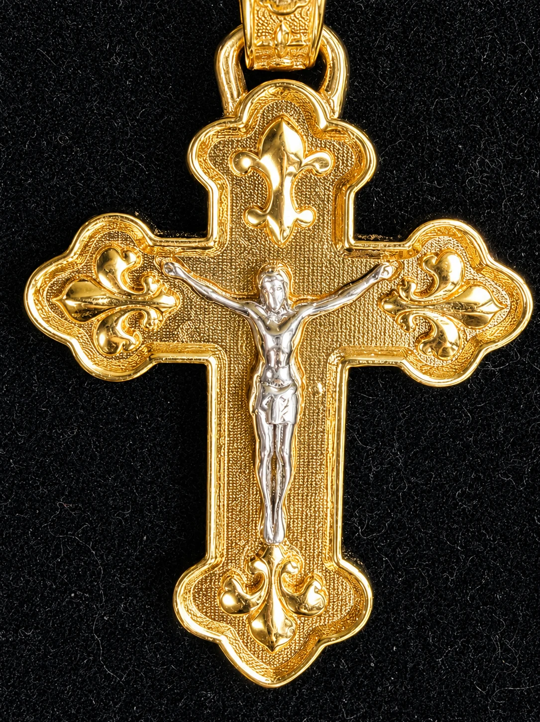14k yellow gold Orthodox Cross with 14k white gold corpus and fleur accents on black fabric