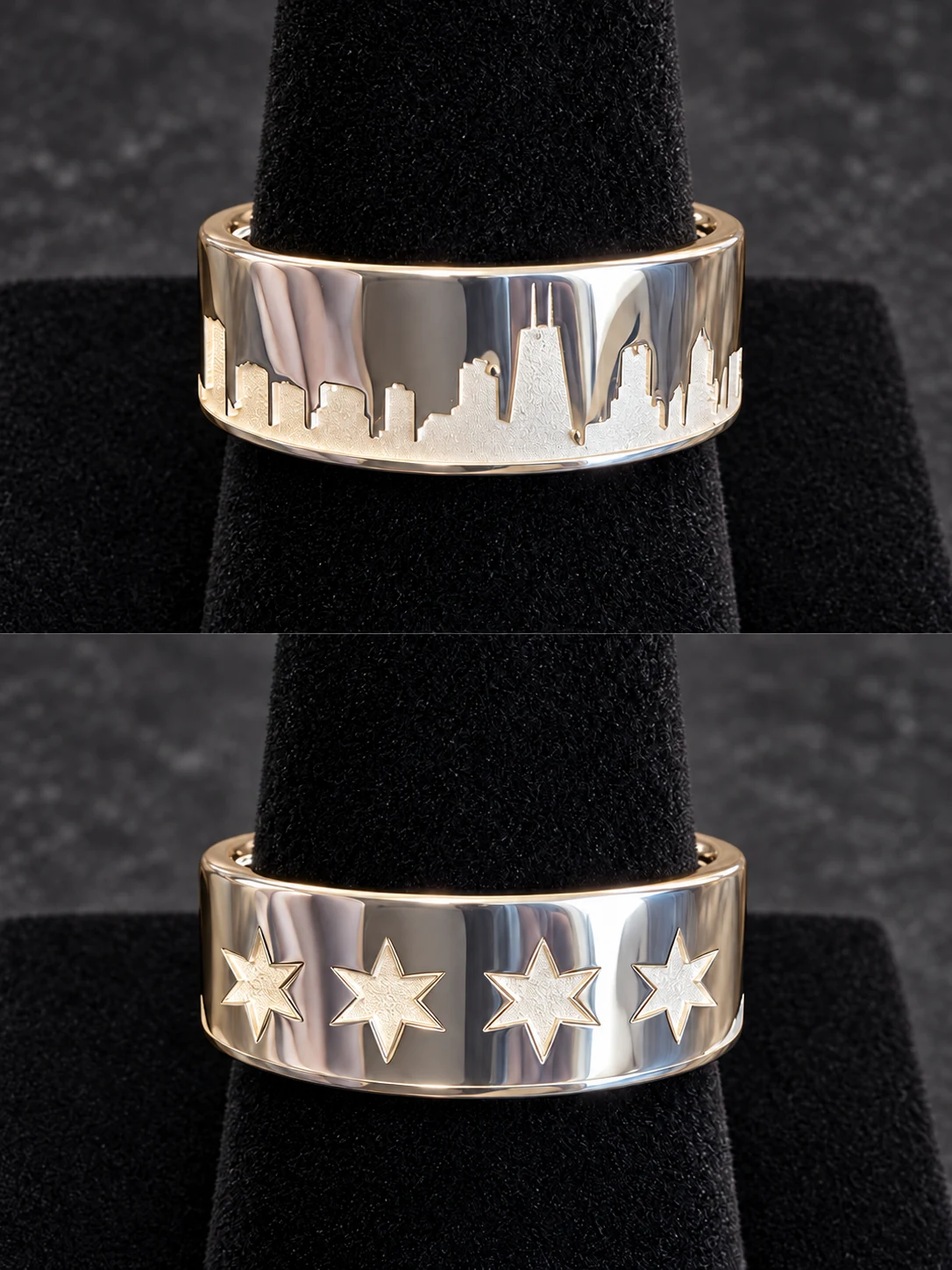 Two views of the Skyline Ring showing Chicago’s skyline and four six-pointed stars on clean black holders against charcoal stone