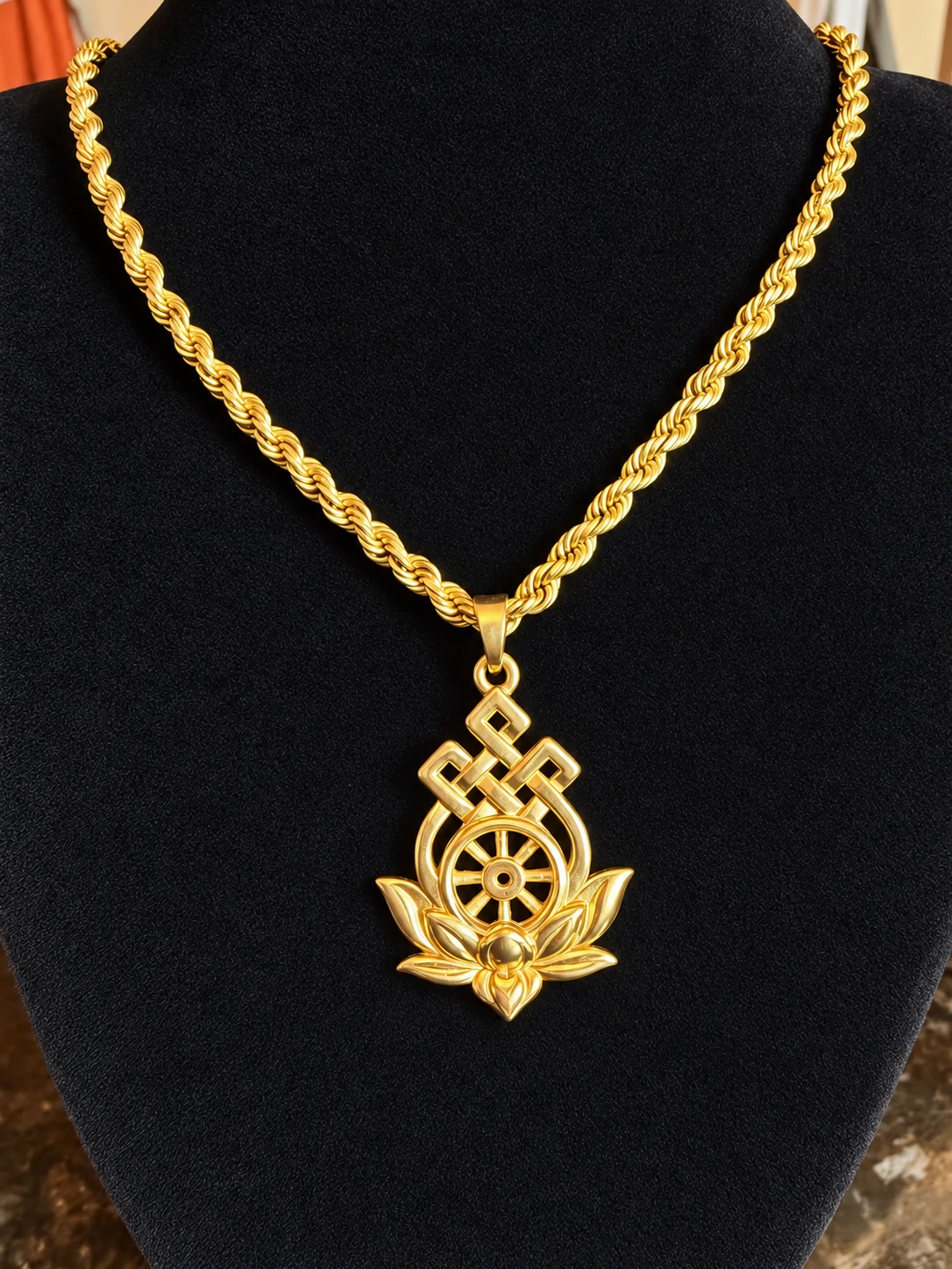 Stevenson James gold pendant combining a lotus, Dharma wheel, and endless knot